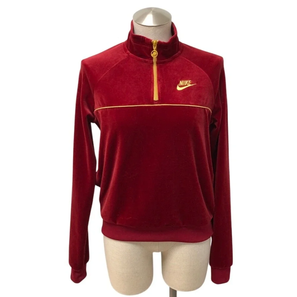 Nike Pullover Womens‎ Small Red Gold Velour Quarter Zip Retro Sporty Streetwear